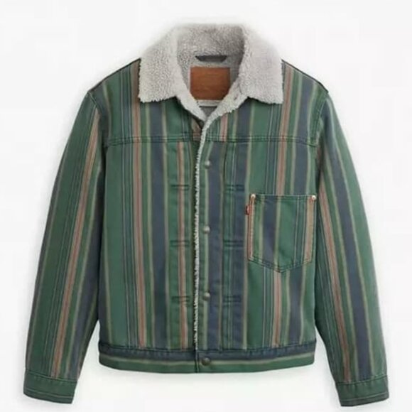 Levi's Premium Type 1 Sherpa Trucker Jacket Matlock Stripe Python Green NWT - Picture 1 of 16